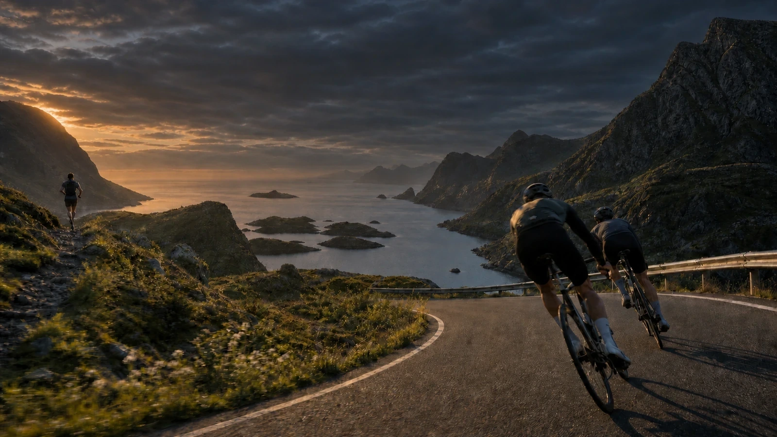 Vägcyklister i fart längs en nordisk fjord i dramatiskt gyllene kvällsljus