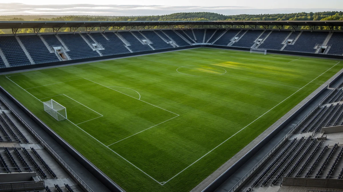 Fotbollsplan sedd högt uppifrån med linjer och mål synliga