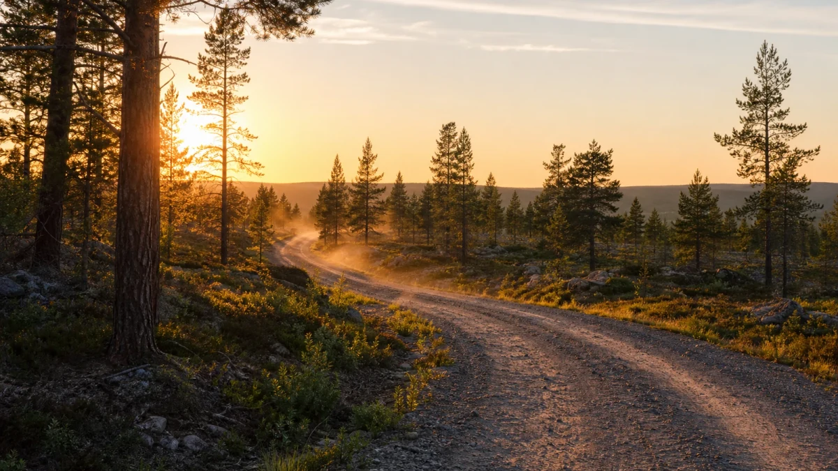 Grusväg genom skog i ljust sommarnattsljus