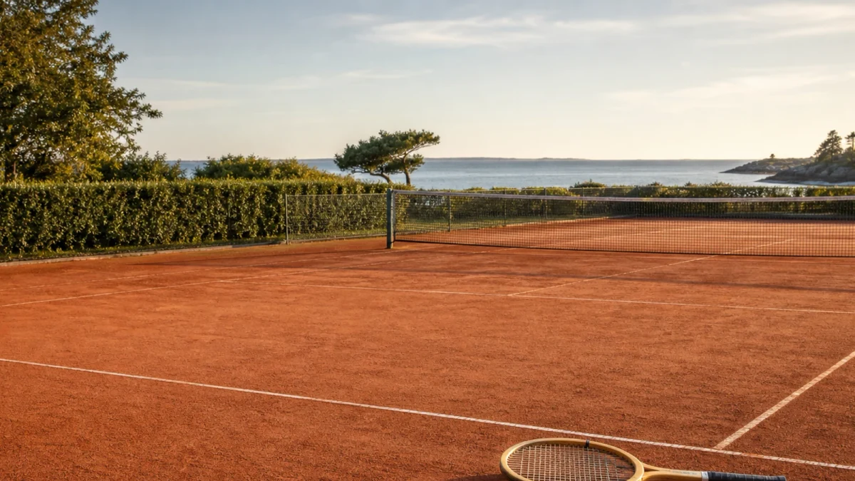 Typografiskt tenniskort med gruslinjer och svensk sommarkänsla
