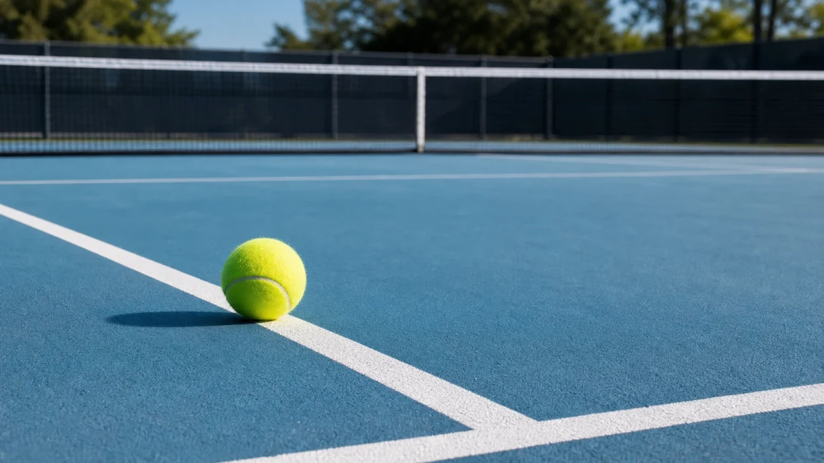 Tennisboll innanför en vit linje på en tom hardcourtbana