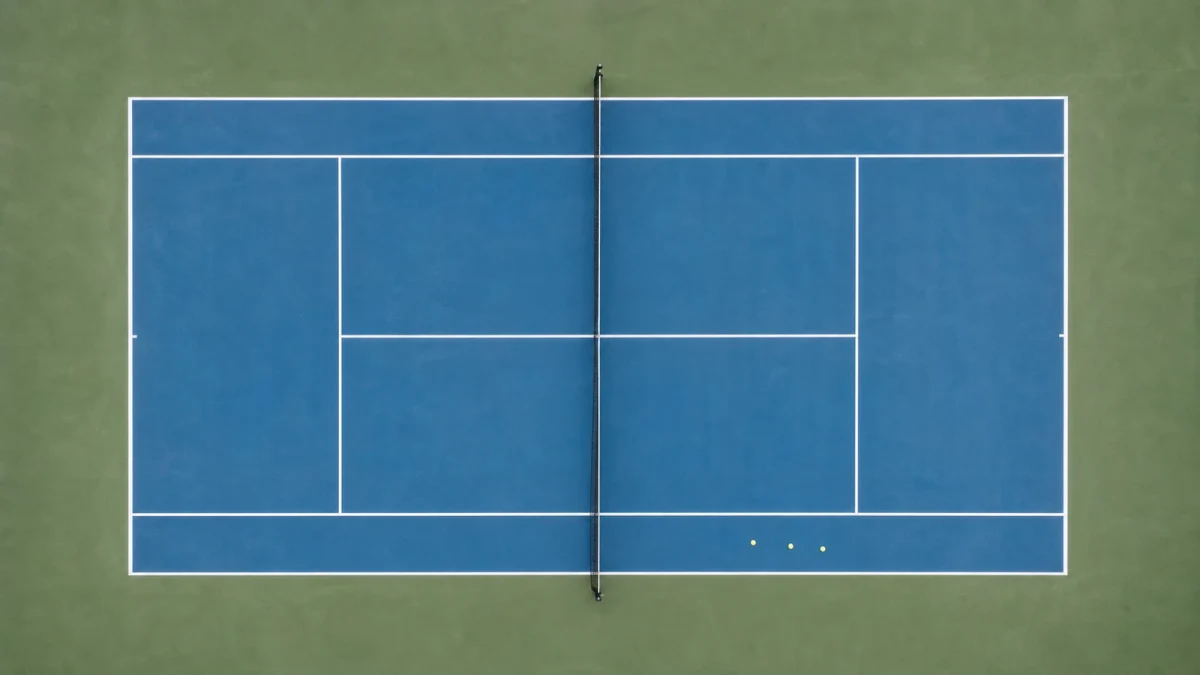 Tom tennisbana sedd ovanifrån med nät, linjer och bollar