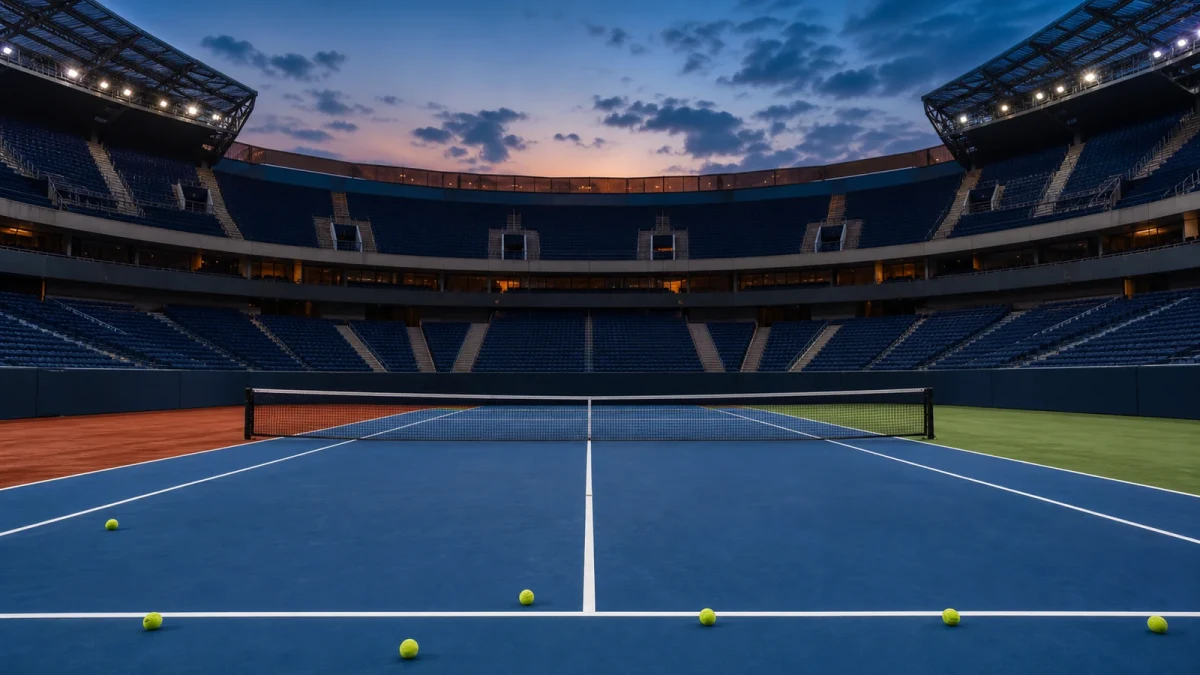 Tom internationell centercourt med tennisbollar nära baslinjen